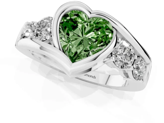 Fancy Green Heart Cut Diamond Bezel Bypass Ring Set in Platinum with Round Accents – second view