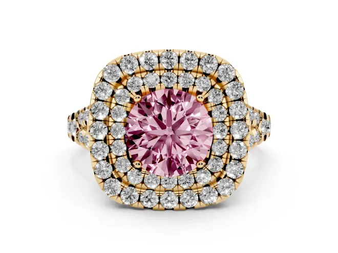 Round Halo Split Shank Engagement Ring Setting for a Fancy Pink Lab-Grown Diamond | Pavé Strands | Yellow Gold