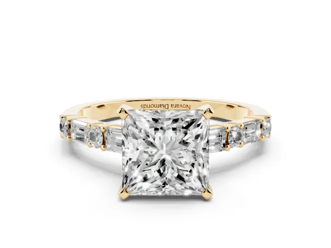 Princess Cut Diamond Solitaire Set in Yellow gold with Side Baguettes and Channel Set Band