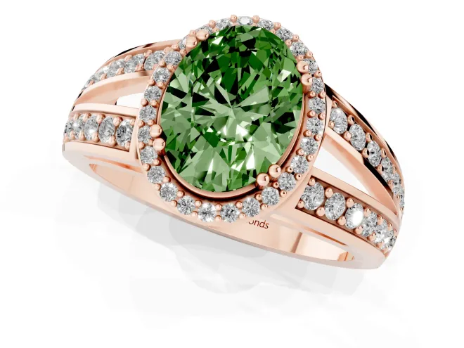 Fancy Green Oval Cut Diamond Halo Ring Set in Rose gold with Double Pavé Split Shank – second view