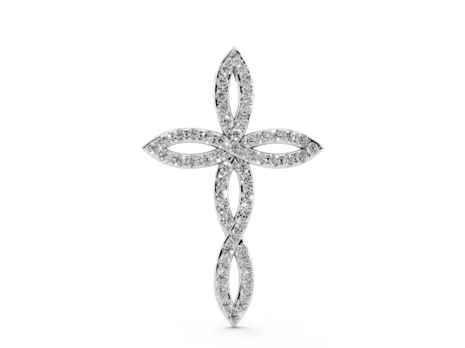 Round Lab-Grown Diamond Pavé Cross Pendant Necklace | Open Marquise Arms | Sterling Silver