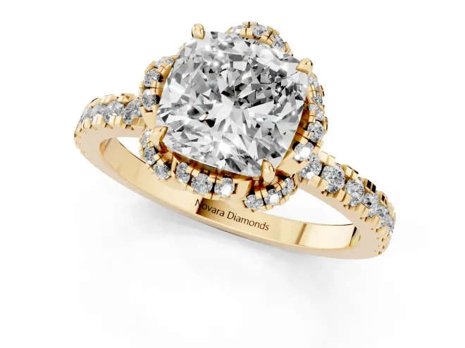 Cushion Cut Diamond Halo Pavé Band Ring Set in Yellow gold with Prong-Held Center – second view
