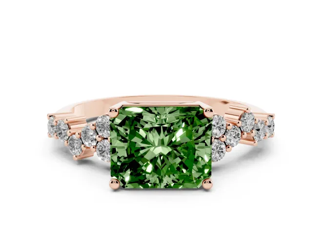 Fancy Green Radiant Cut Diamond Ring Set in Rose gold with Scattered Round Accents
