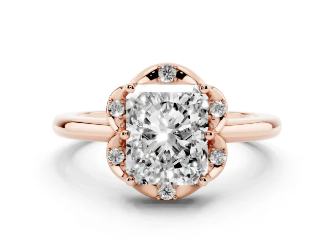 Radiant Cut Diamond Round Cluster Halo Ring Set in Rose gold with Solitaire Band and Prong Setting