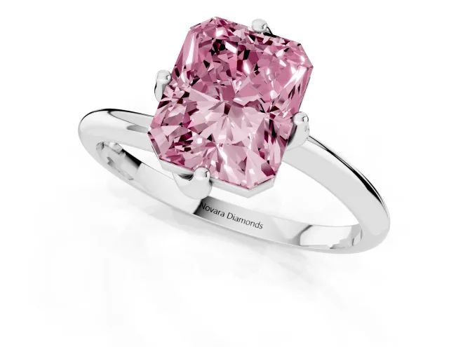 Fancy Pink Radiant Cut Diamond Solitaire Engagement Ring Set in White gold with Classic Plain Band – second view
