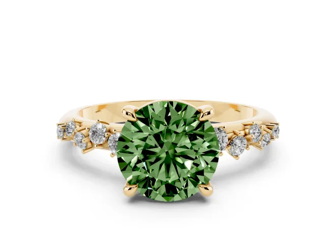 Fancy Green Round Cut Diamond Solitaire Vine Band Ring Set in Yellow gold with Round Accents and Prong Setting