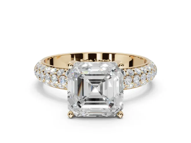 Asscher Cut Pavé Solitaire Engagement Ring Setting | Domed Pavé Band | Yellow Gold