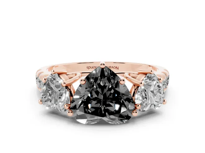 Fancy Black Heart Cut Diamond Three-Stone Ring Set in Rose gold with Pavé Band