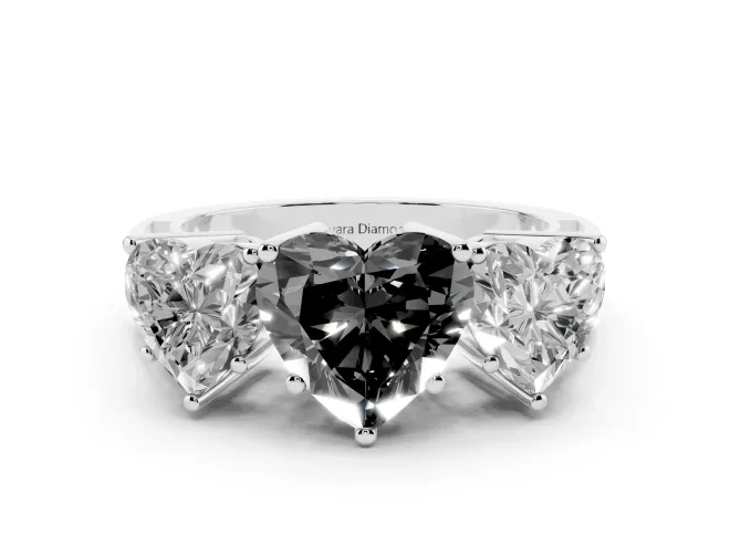 Fancy Black Heart Cut Diamond Three-Stone Ring Set in White gold with Textured Band