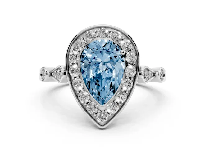 Fancy Blue Pear Cut Diamond Halo Engagement Ring Set in Platinum with Twisted Band and Prong Setting