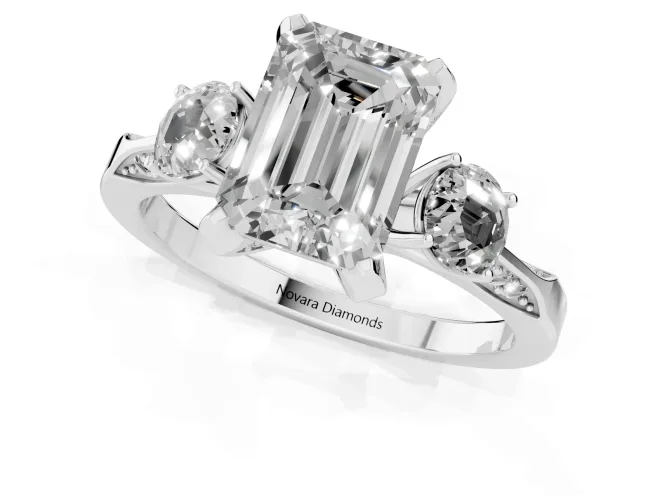 Fancy Green Emerald Cut Diamond Three-Stone Ring Set in White gold with Pavé Band and Smaller Side Stones – second view