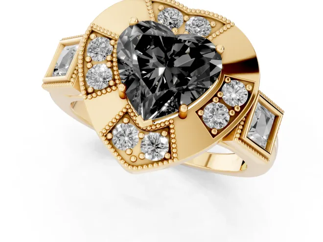 Fancy Black Heart Cut Diamond Milgrain Halo Ring Set in Yellow gold with Split Shank – second view