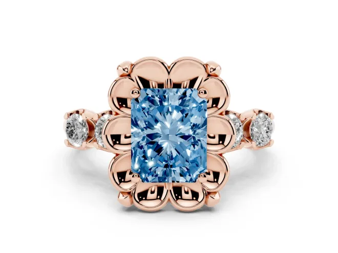 Radiant Cut Floral Engagement Ring Setting for a Fancy Blue Lab-Grown Diamond | Petal Frame and Side Stones | Rose Gold