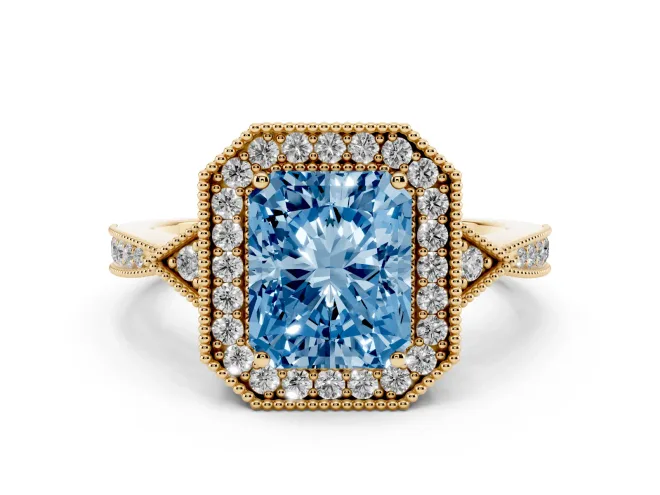 Radiant Cut Milgrain Halo Engagement Ring Setting for a Fancy Blue Lab-Grown Diamond | Graduated Pavé | Yellow Gold