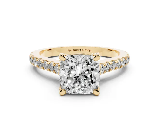 Cushion Cut Diamond Solitaire Ring Set in Yellow gold with Brilliant Pavé Band and Prong Setting