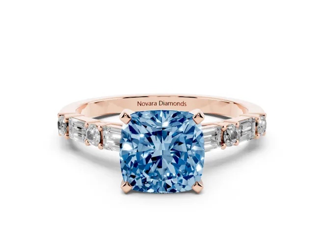 Cushion Cut Baguette Side Stone Engagement Ring Setting for a Fancy Blue Lab-Grown Diamond | Rose Gold