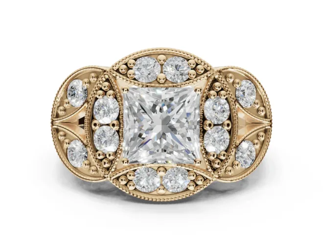 Princess Cut Vintage Floral Halo Engagement Ring Setting | Engraved Milgrain Band | Yellow Gold