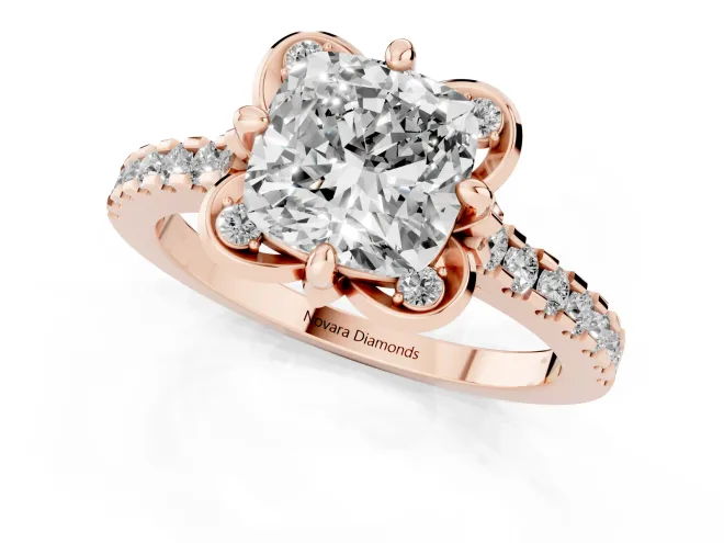Cushion Cut Diamond Solitaire Ring Set in Rose gold with Pavé Band and Floral Prong Setting – second view