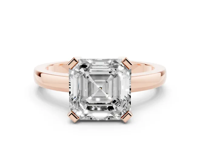 Asscher Cut Diamond Solitaire Ring Set in Rose gold with Prong Head and Smooth Polished Band