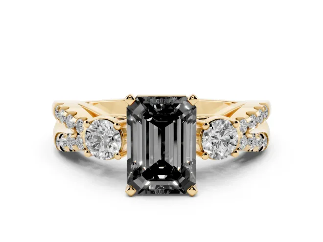 Emerald Cut Three Stone Engagement Ring Setting for a Black Center | Pavé Split Shank | Yellow Gold