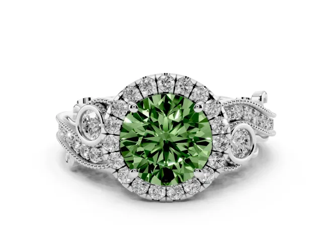 Fancy Green Round Cut Diamond Halo Ring Set in Platinum with Milgrain Pavé Band and Prong Setting