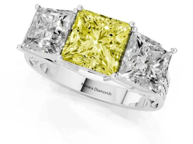 Fancy Yellow Princess Cut Diamond Three-Stone Ring Set in White gold with Textured Band – second view