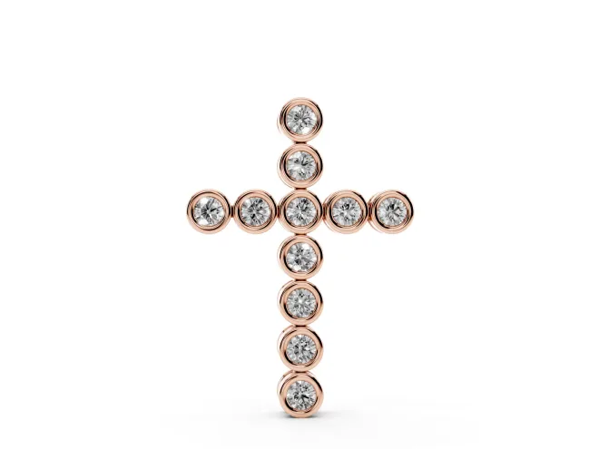 Round Lab-Grown Diamond Bezel Cross Pendant Necklace | Linked Round Bezels | Rose Gold