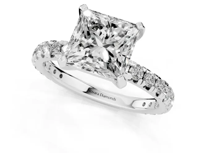 Princess Cut Diamond Pavé Solitaire Ring Set in Silver with Round Band and Prong Setting – second view