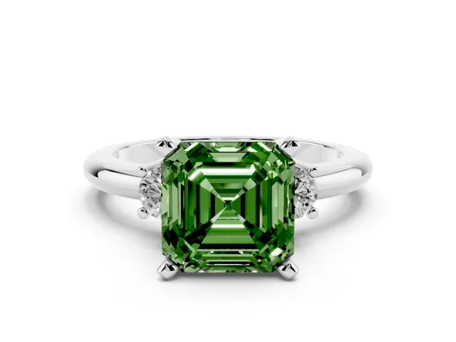 Asscher Cut Three Stone Engagement Ring Setting for a Fancy Green Lab-Grown Diamond | Round Side Stones | Platinum