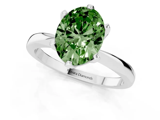 Fancy Green Oval Cut Diamond Solitaire Engagement Ring Set in Platinum with Slim Tapered Solitaire Band – second view