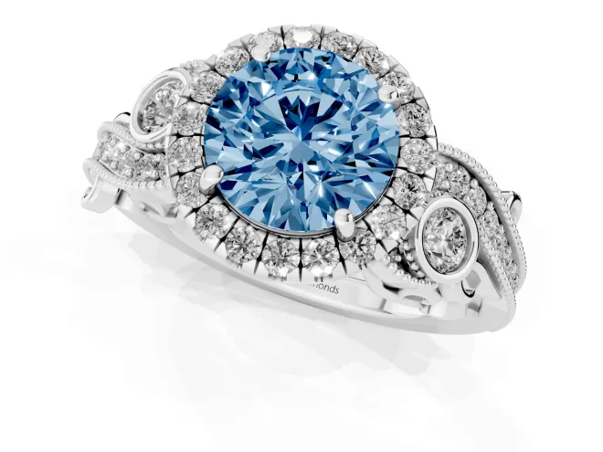 Fancy Blue Round Cut Diamond Halo Ring Set in Platinum with Milgrain Pavé Band and Prong Setting – second view