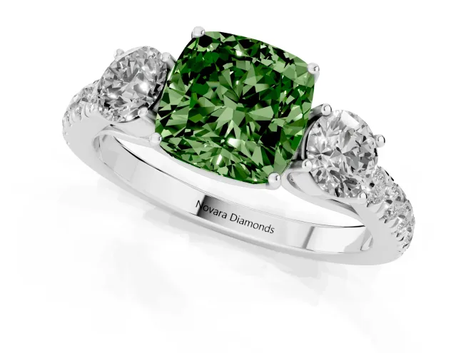 Fancy Green Cushion Cut Diamond Three-Stone Ring Set in Silver with Round Side Stones and Delicate Pavé Band – second view