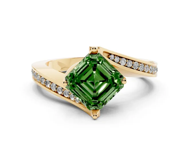 Asscher Cut Bypass Pavé Engagement Ring Setting for a Fancy Green Lab-Grown Diamond | Swept Shoulders | Yellow Gold