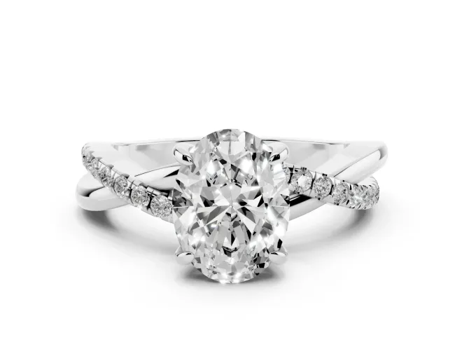 Oval Cut Diamond Twist Band Solitaire Set in Platinum with Pavé Accents and Prong Setting