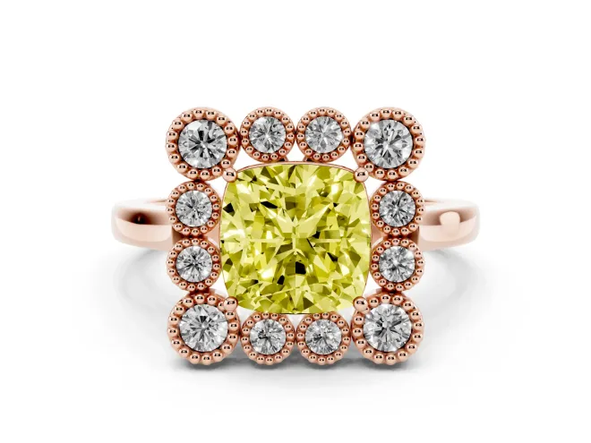 Cushion Cut Milgrain Cluster Halo Engagement Ring Setting for a Fancy Yellow Lab-Grown Diamond | Plain Band | Rose Gold