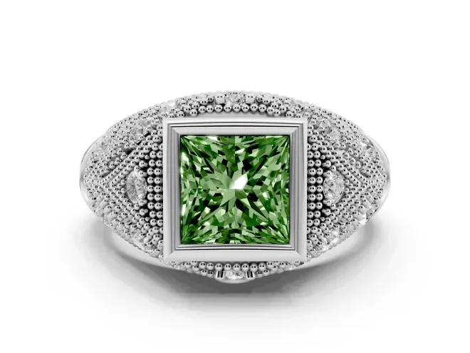 Fancy Green Princess Cut Diamond Bezel Ring Set in Platinum with Milgrain Accent Band