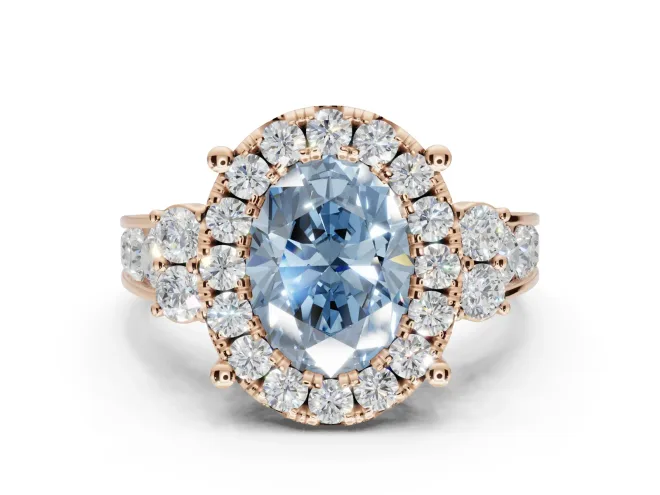 Oval Halo Engagement Ring Setting for a Fancy Blue Lab-Grown Diamond | Side Clusters | Rose Gold