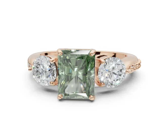 Radiant Cut Three Stone Engagement Ring Setting for a Fancy Green Lab-Grown Diamond | Tapered Pavé Band | Rose Gold