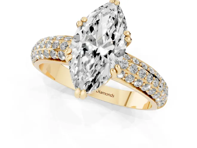Marquise Cut Diamond Solitaire Ring Set in Yellow gold with Multi-Row Round Pavé Band and Prong Setting – second view