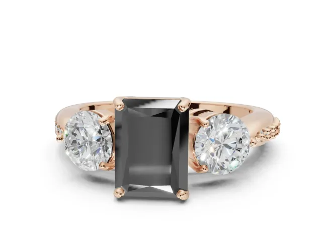 Radiant Cut Three Stone Engagement Ring Setting for a Black Center | Tapered Pavé Band | Rose Gold