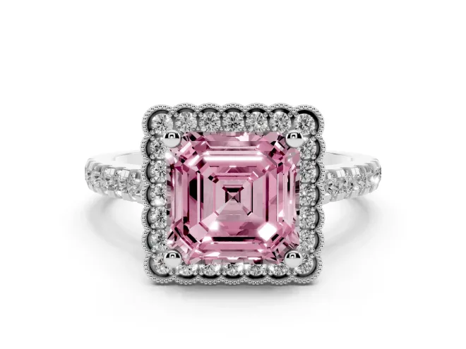 Asscher Cut Milgrain Floral Halo Engagement Ring Setting for a Fancy Pink Lab-Grown Diamond | Pavé Band | White Gold