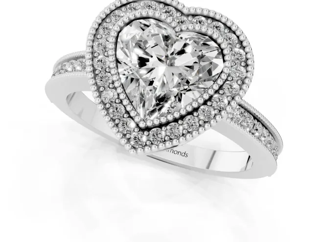 Heart Cut Diamond Halo Ring Set in Silver with Pavé Band and Milgrain-Edged Prongs – second view