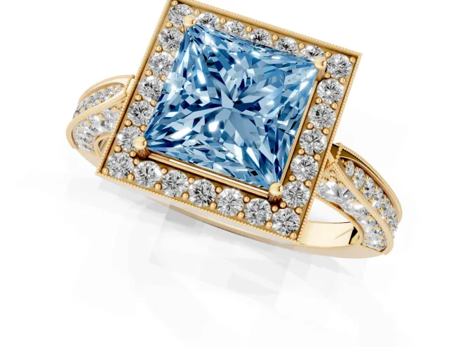 Fancy Blue Princess Cut Diamond Halo Engagement Ring Set in Yellow gold with Accent Split Shank Band – second view
