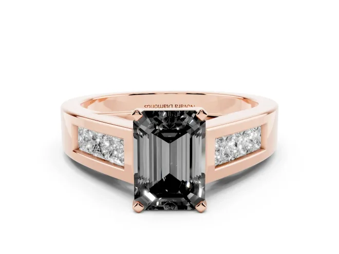 Fancy Black Emerald Cut Diamond Solitaire Ring Set in Rose gold with Channel-Set Accent Stones and Prong Setting