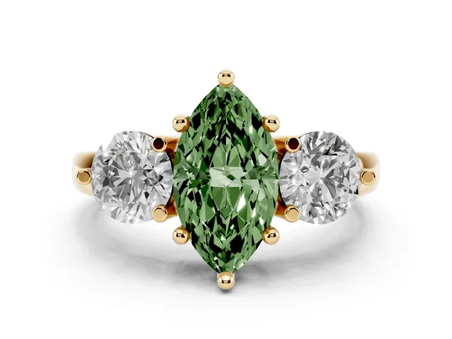 Marquise Three Stone Engagement Ring Setting for a Fancy Green Lab-Grown Diamond | Open Prong Baskets | Yellow Gold