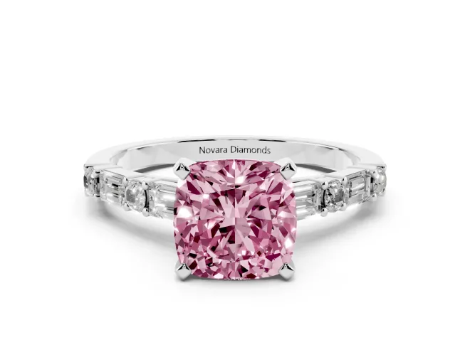 Cushion Cut Baguette Side Stone Engagement Ring Setting for a Fancy Pink Lab-Grown Diamond | White Gold
