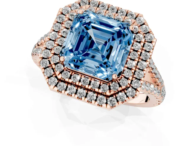 Fancy Blue Asscher Cut Diamond Double Halo Ring Set in Rose gold with Pavé Band – second view