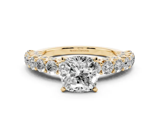 Cushion Cut Diamond Solitaire Ring Set in Yellow gold with Shared Prong Pavé Band