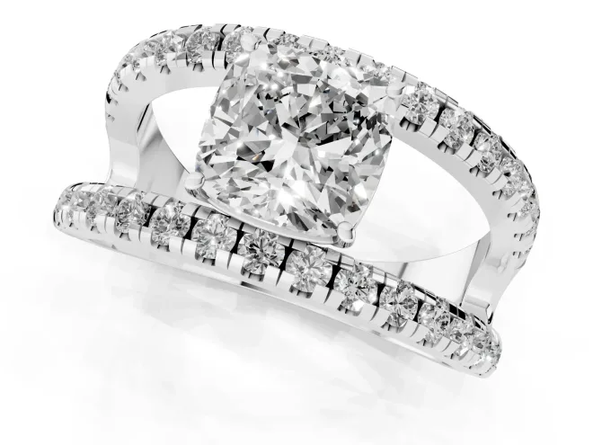 Cushion Cut Diamond Split Shank Pavé Solitaire Ring Set in White gold with Open Shank Design – second view