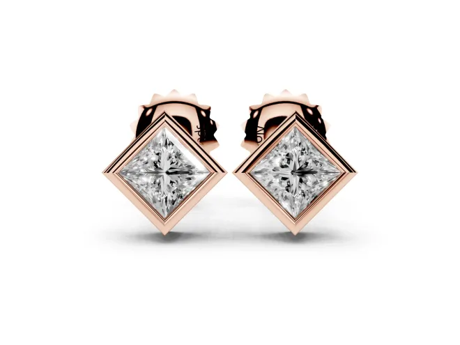 Princess Cut Lab-Grown Diamond Square Bezel Stud Earrings | Stepped Rim | Rose Gold